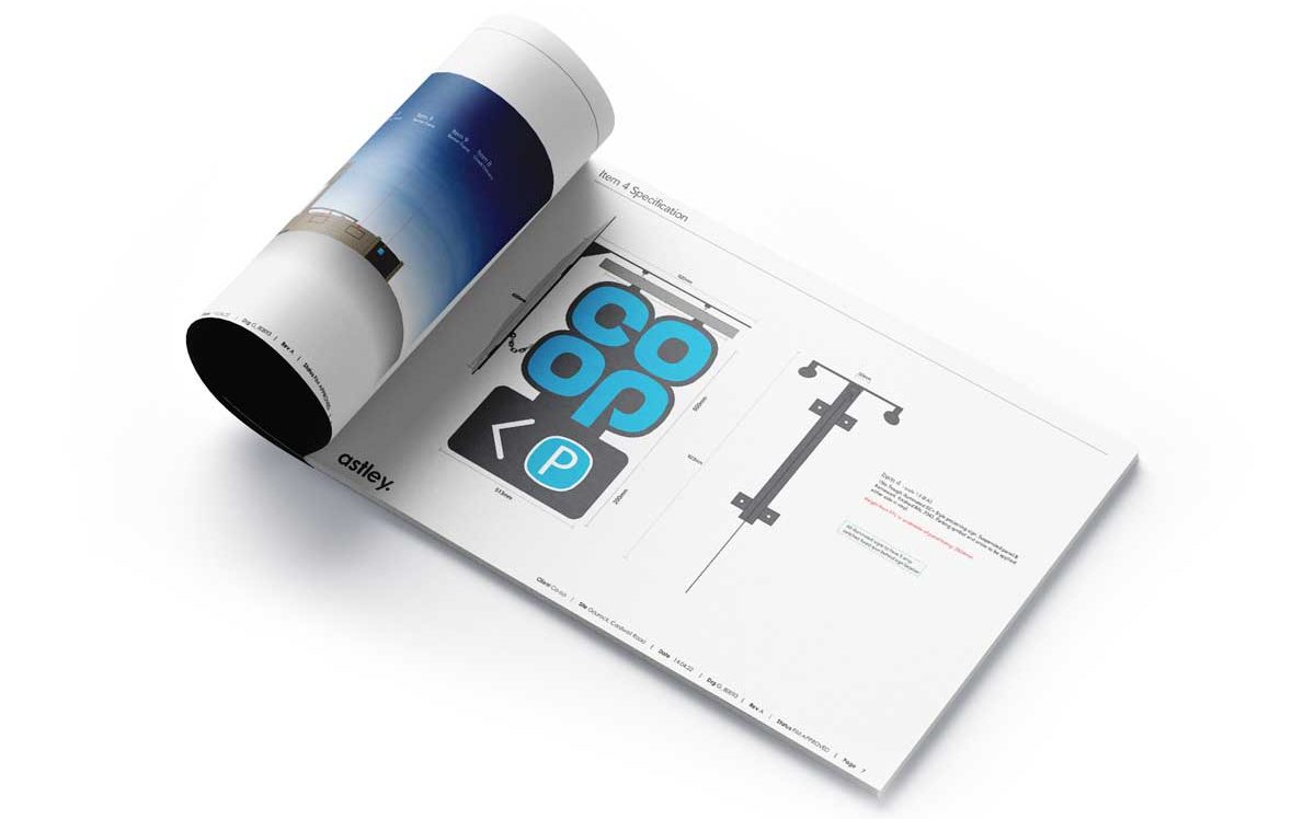 Open booklet showing a page with "coop" logo designs and a street sign illustration.