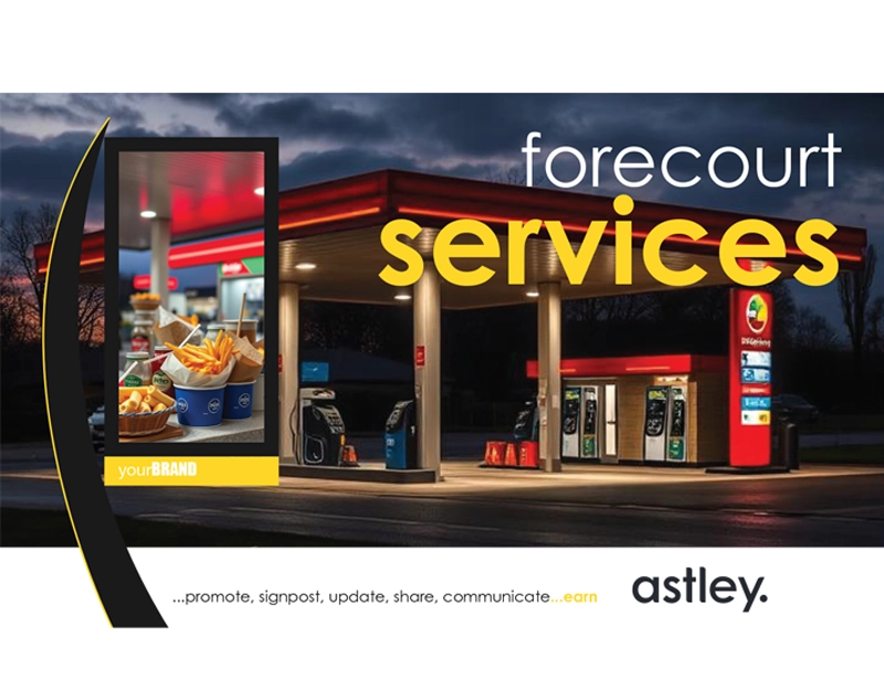 Gas station at dusk with bright red canopy and glowing signage, featuring multiple fuel pumps. Inset image shows fast food items like fries and drinks with "your BRAND" label. Large text reads "forecourt services"; branding by "astley" noted below. Context suggests promotion and services by the station