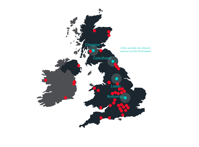 Map of the UK and Ireland with red and teal dots marking various locations.