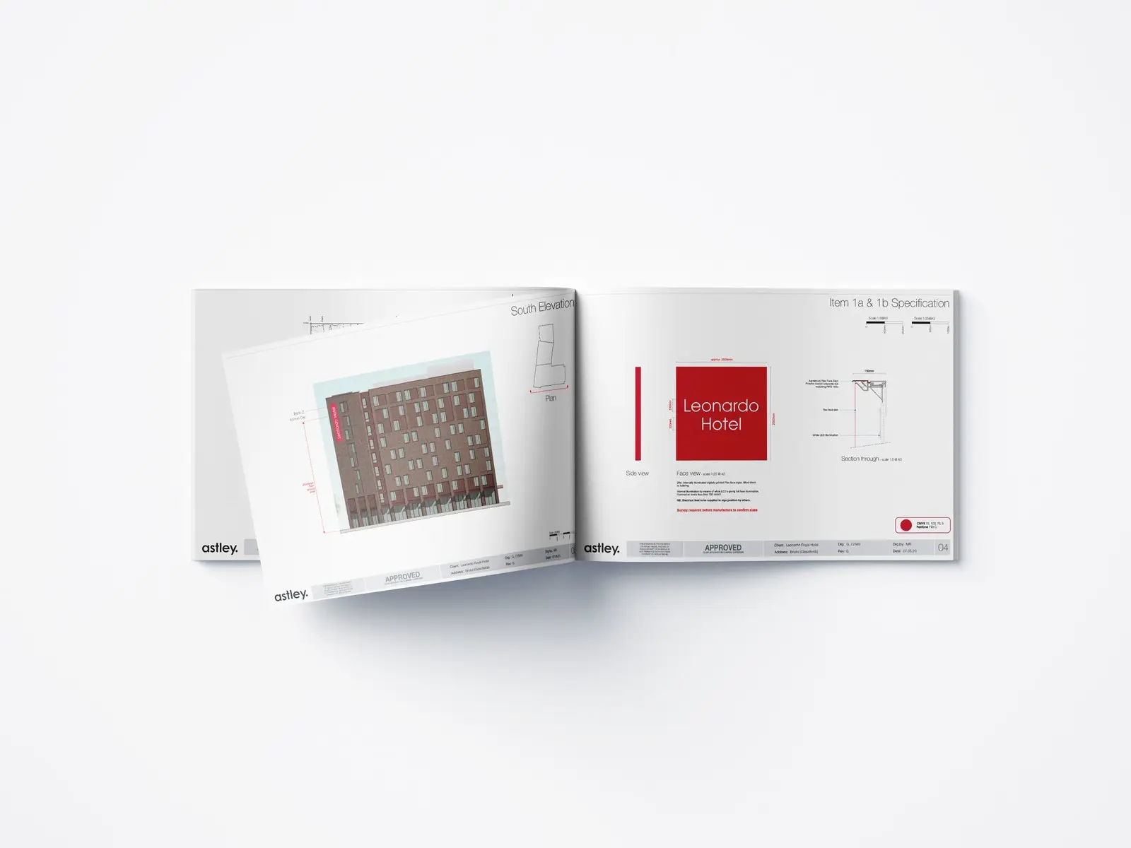 Open book showing architectural diagrams and a red page titled "Leonardo Hotel.