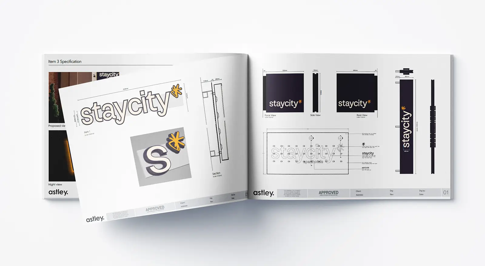 Open booklet displaying branding specifications for "staycity" with logos, color schemes, and design layouts.