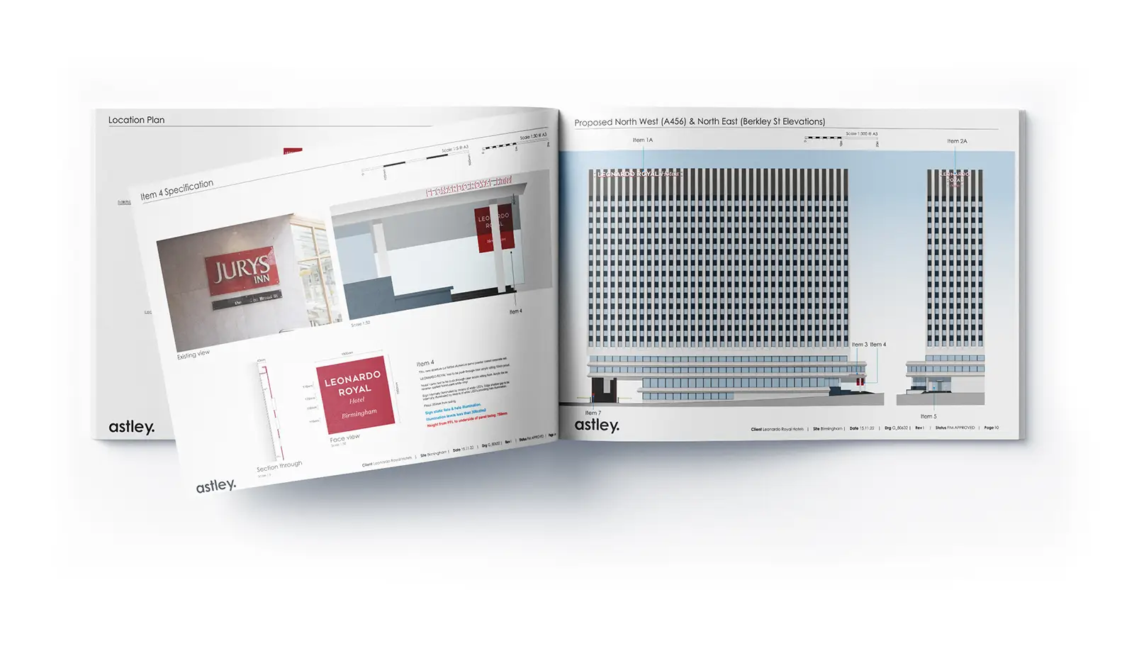 Open architectural booklet showing building designs and signage plans on two pages.