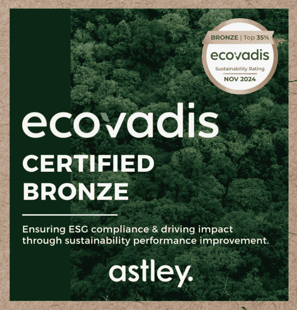Ecovadis Certified Bronze badge with forest background and text about ESG compliance and sustainability.