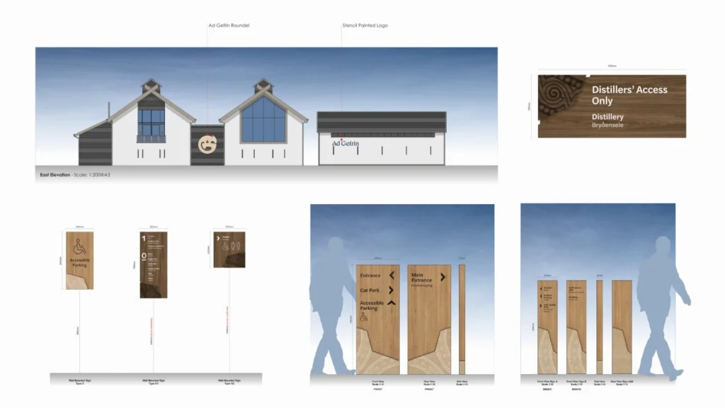 Architectural renderings and signage designs for a distillery, featuring building elevations and wooden signs.