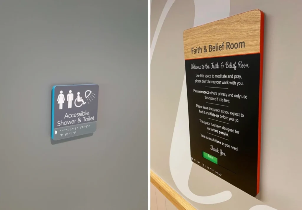 Left: Accessible shower and toilet sign; Right: Faith & Belief Room information sign.