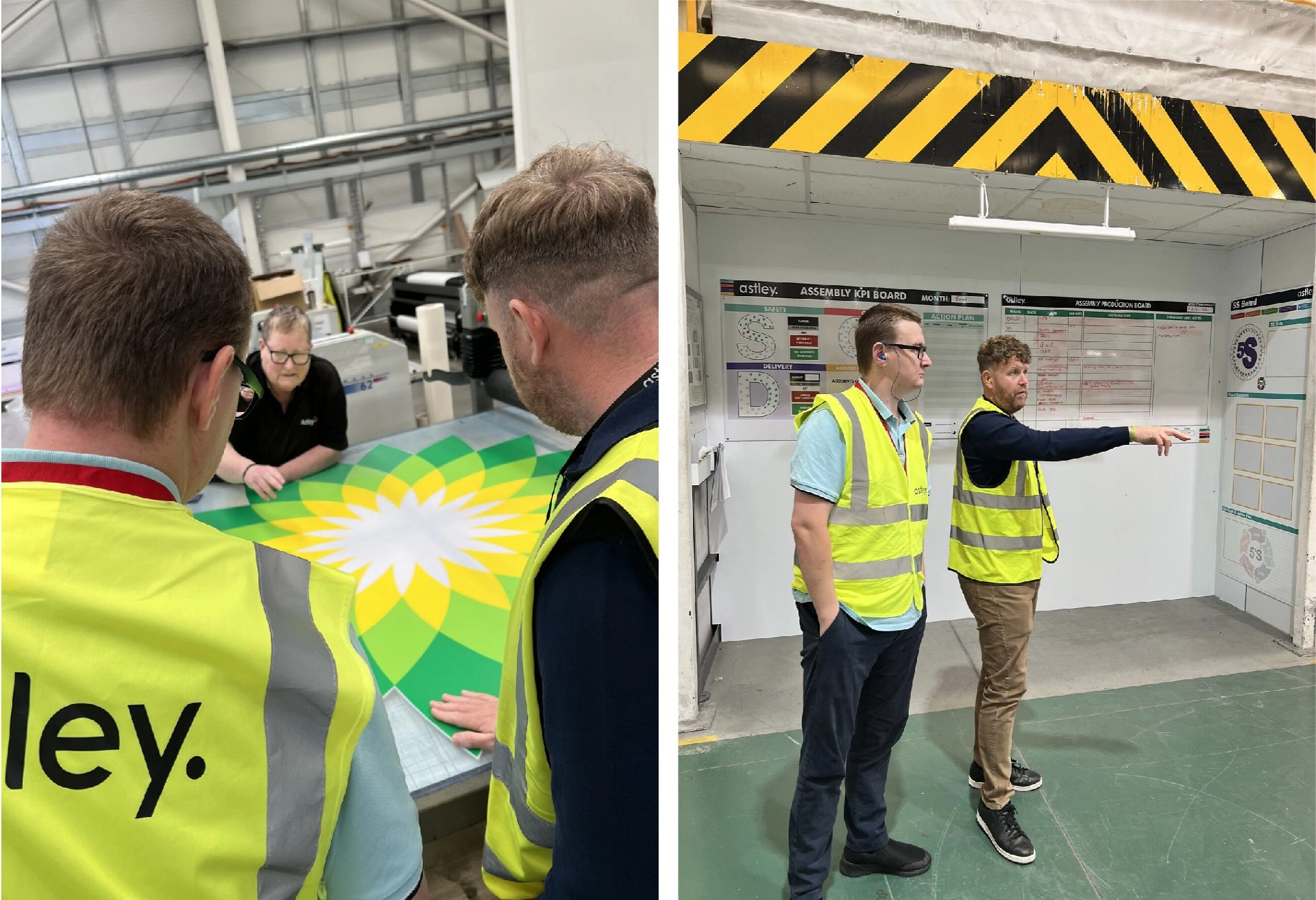Two men in yellow vests observe a large green and yellow design in a workshop.