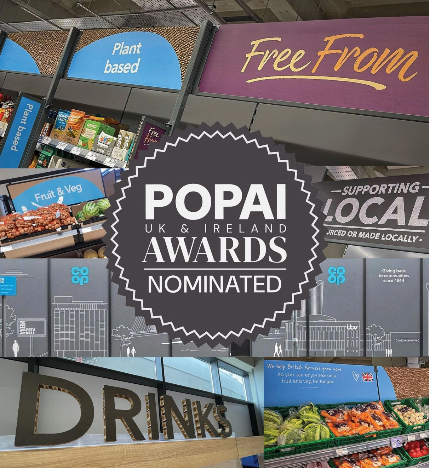 Collage of supermarket sections with "POPAI UK & Ireland Awards Nominated" in the center.