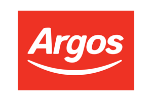 Red rectangle with the word "Argos" in white and a white curved line underneath.