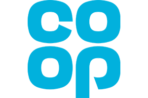 Blue "coop" logo with stylized letters and circular cutouts.
