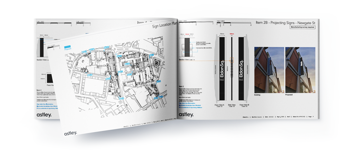 Open booklet showing a map on the left page and sign designs on the right.