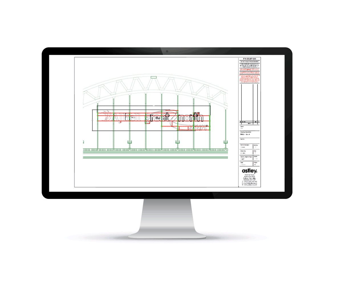 Computer monitor displaying a technical architectural drawing with structural details and measurements.