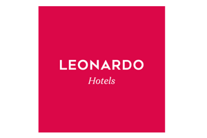 Red square with white text reading "LEONARDO Hotels" in the center.