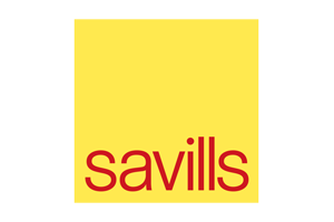 Yellow square with the word "savills" in red lowercase letters at the bottom.