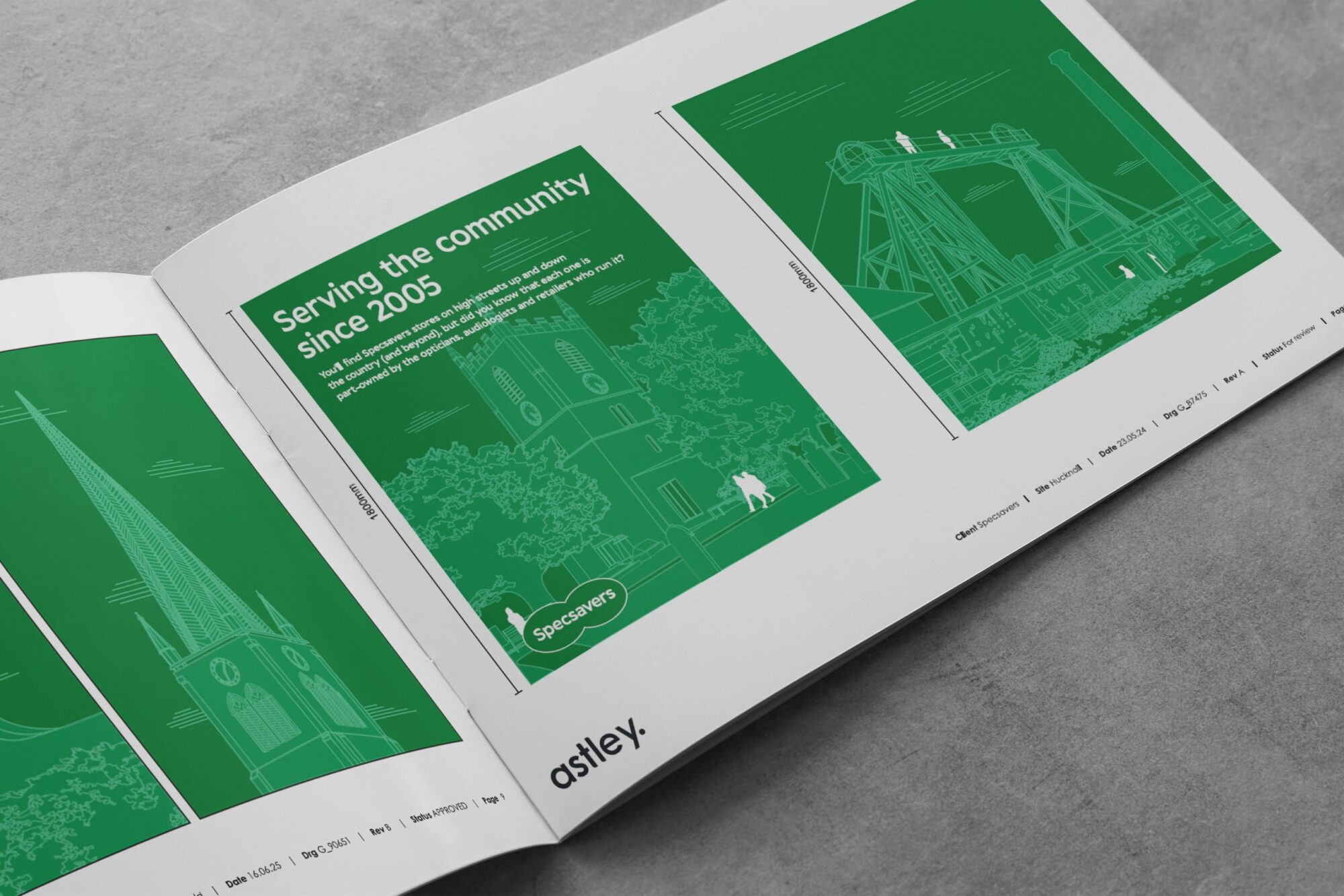 Open brochure with green-themed pages featuring architectural illustrations and the text "Serving the community since 2005.