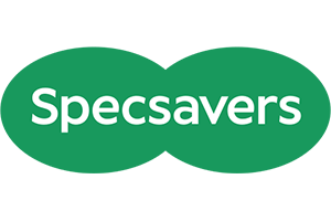 Green Specsavers logo with white text inside overlapping green oval shapes.