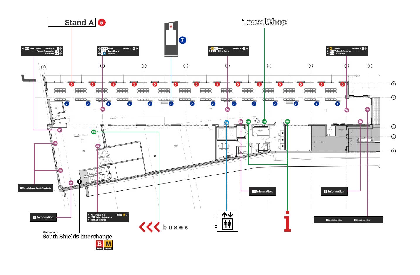 Map of South Shields Interchange showing bus stands, travel shop, and various facilities.
