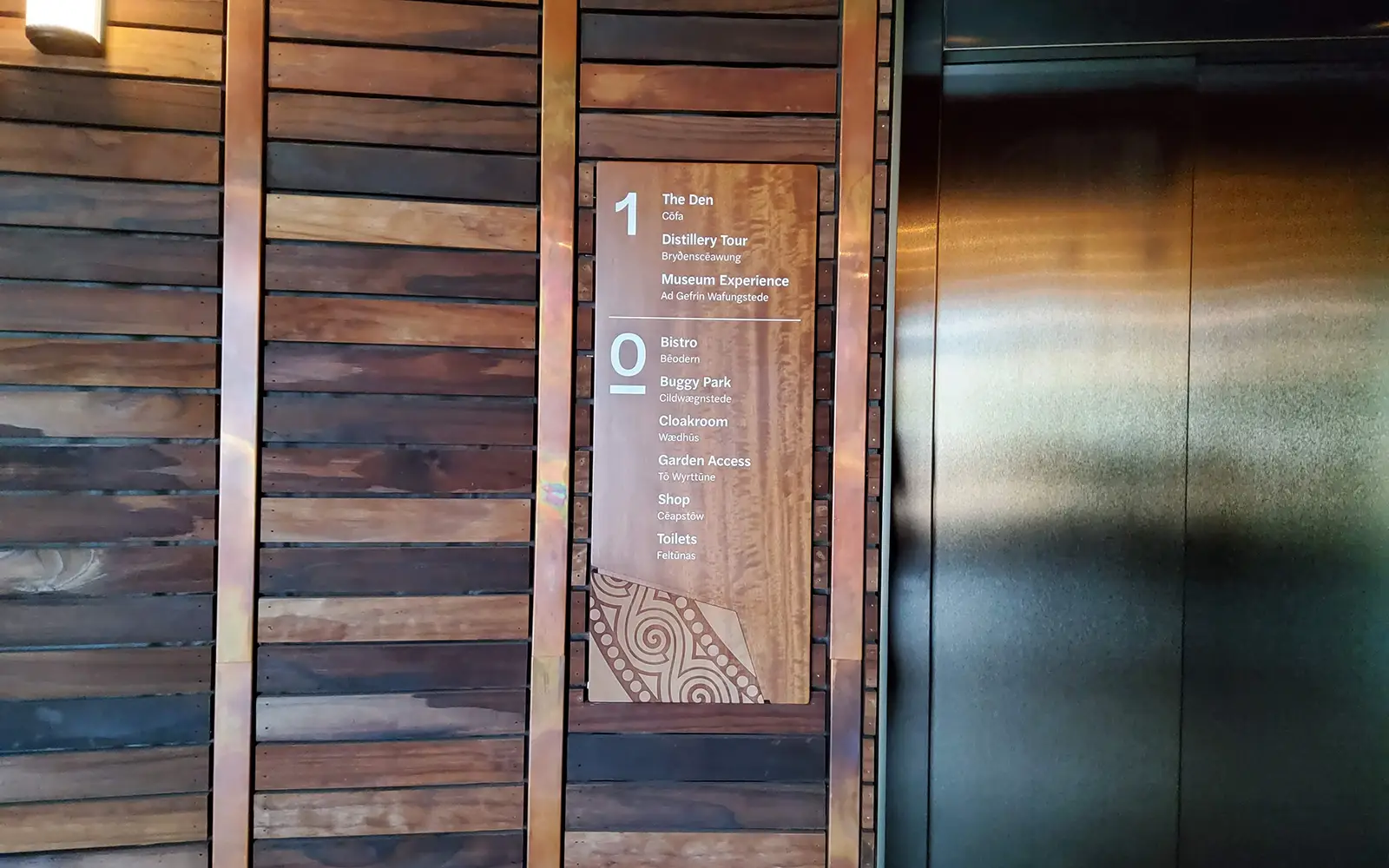 Wooden wall with floor directory next to a closed elevator door.