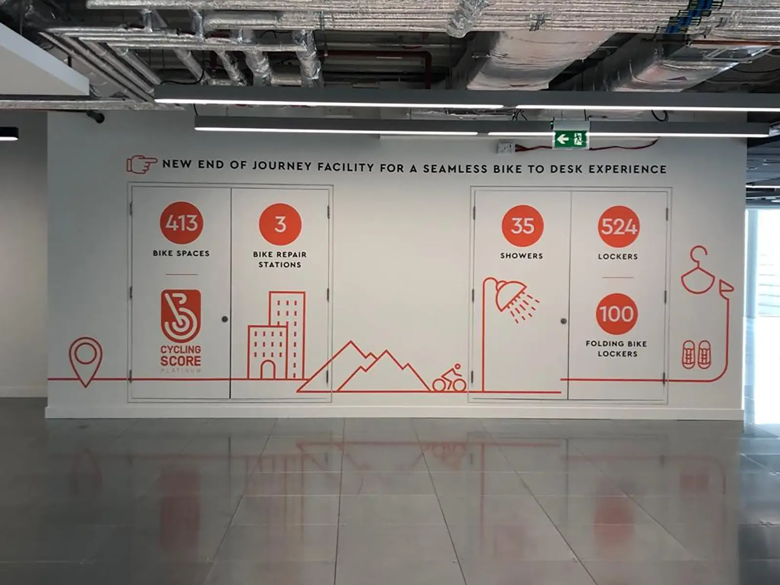 Wall graphic detailing bike facilities, including spaces, repair stations, showers, lockers, and folding bike lockers.