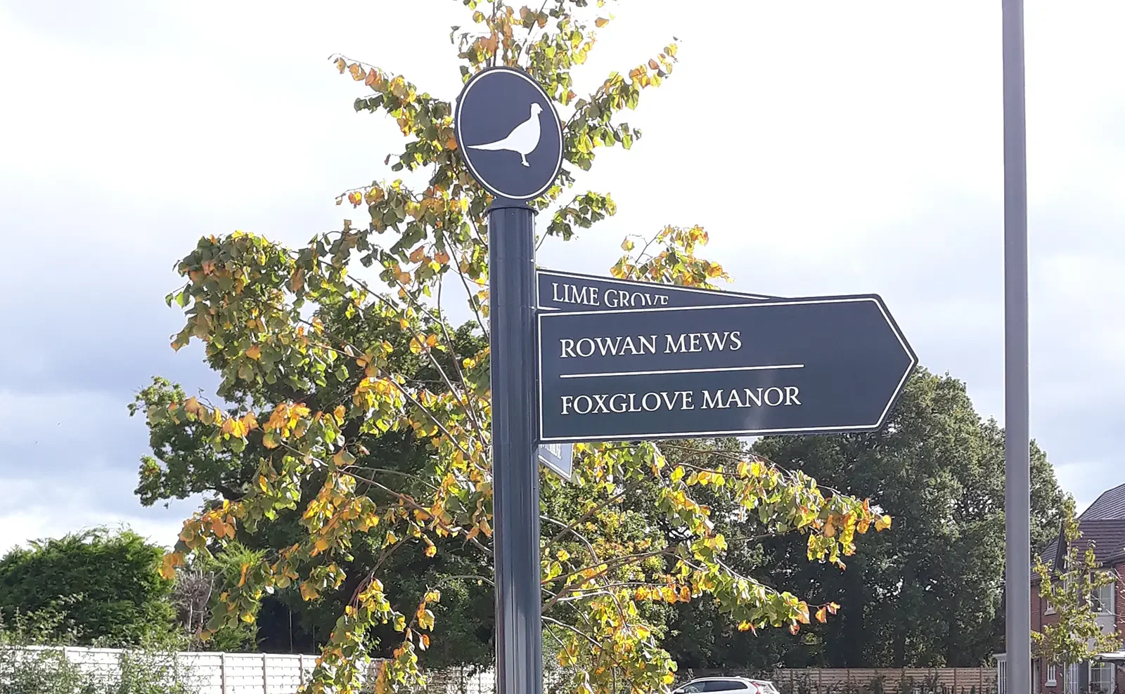 Street sign with a bird icon points to Rowan Mews and Foxglove Manor.