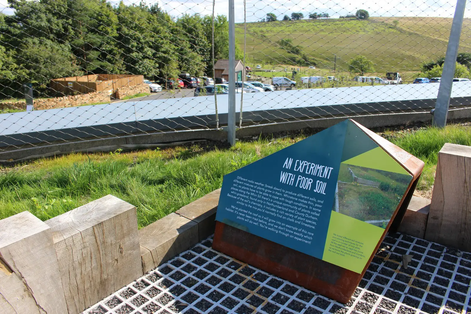 Information sign titled "An Experiment with Poor Soil" near a fenced area and grassy landscape.