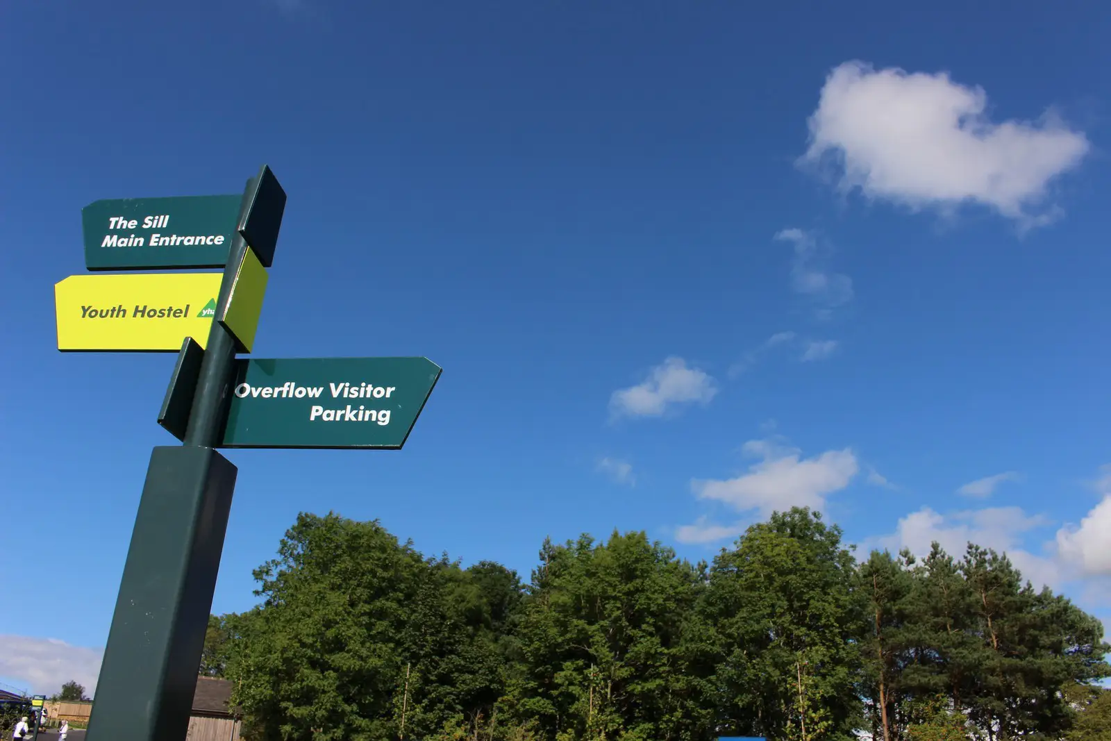 Directional signpost with blue sky and green trees in the background.