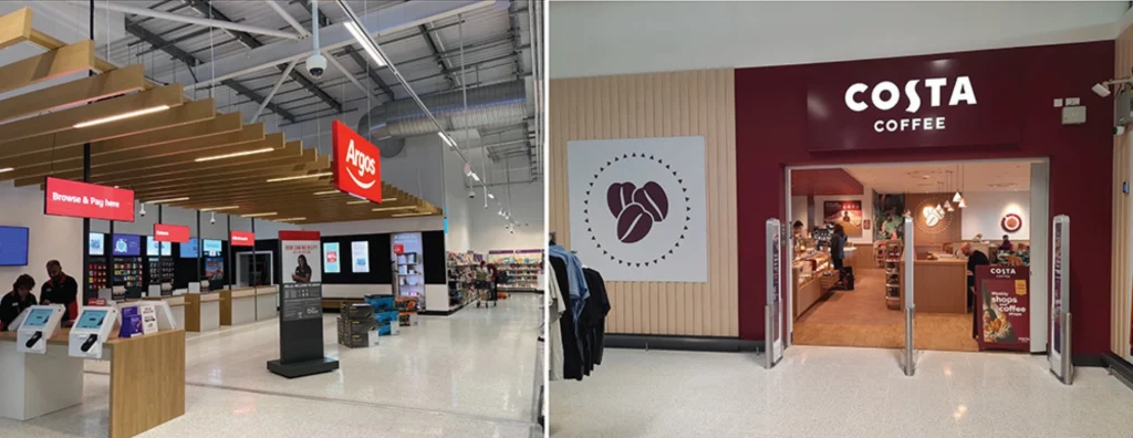 Two adjacent stores inside a shopping center: Argos on the left, Costa Coffee on the right.