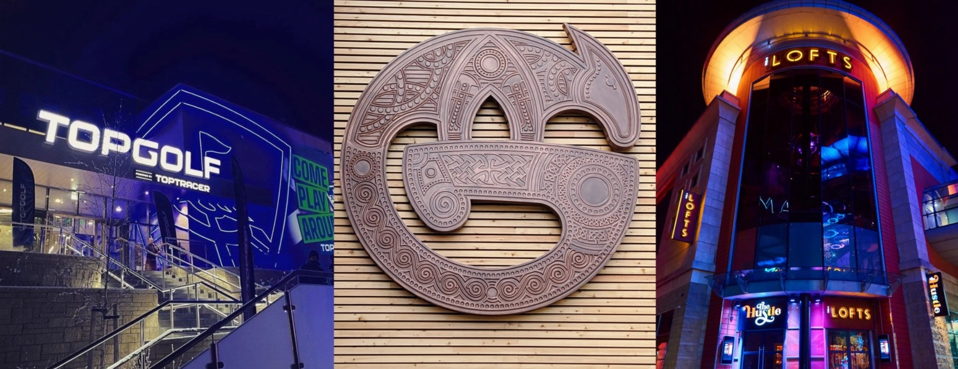 Three images: Topgolf entrance, intricate circular design, and colorful building with "Lofts" sign.