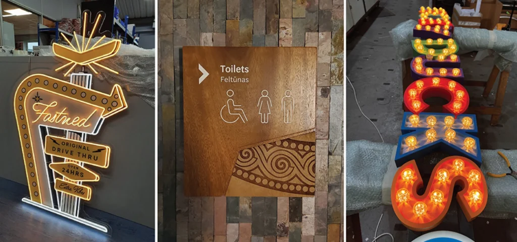 Three images: neon sign, wooden restroom sign, and colorful illuminated letters spelling "MUSIC.