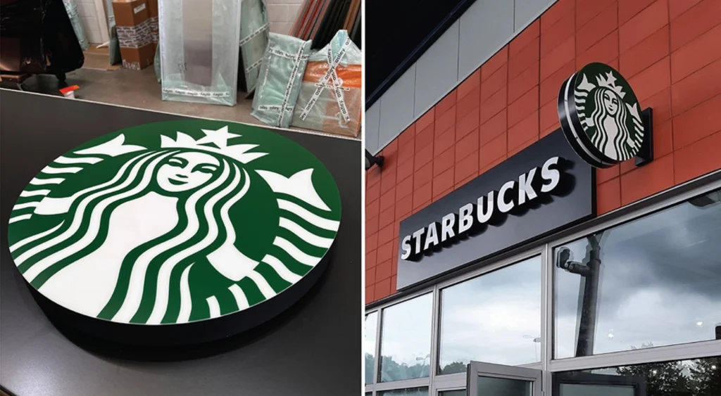 Two images: a round Starbucks logo sign and a Starbucks storefront with signage.