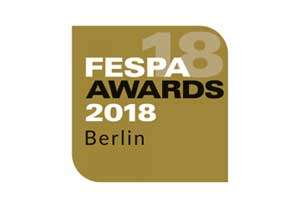 Gold square with "FESPA AWARDS 2018 Berlin" in black and white text.