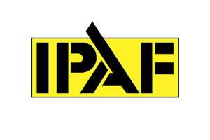 Black "IPAF" text on a yellow background with a gray top border.