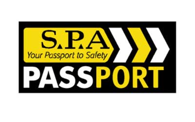 Black and yellow logo with "S.P.A Your Passport to Safety" and "PASSPORT" text.