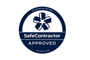 Circular logo with a blue flower design and the words "SafeContractor Approved Alcumus.
