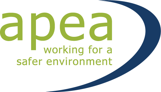 Green "apea" text with "working for a safer environment" and a blue curved line.