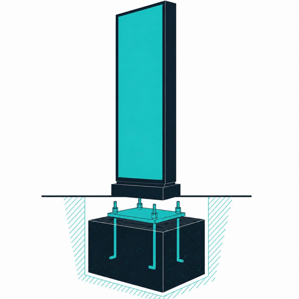 Diagram of a totem sign's underground foundation, showing the concrete base, holding-down bolts and steel column