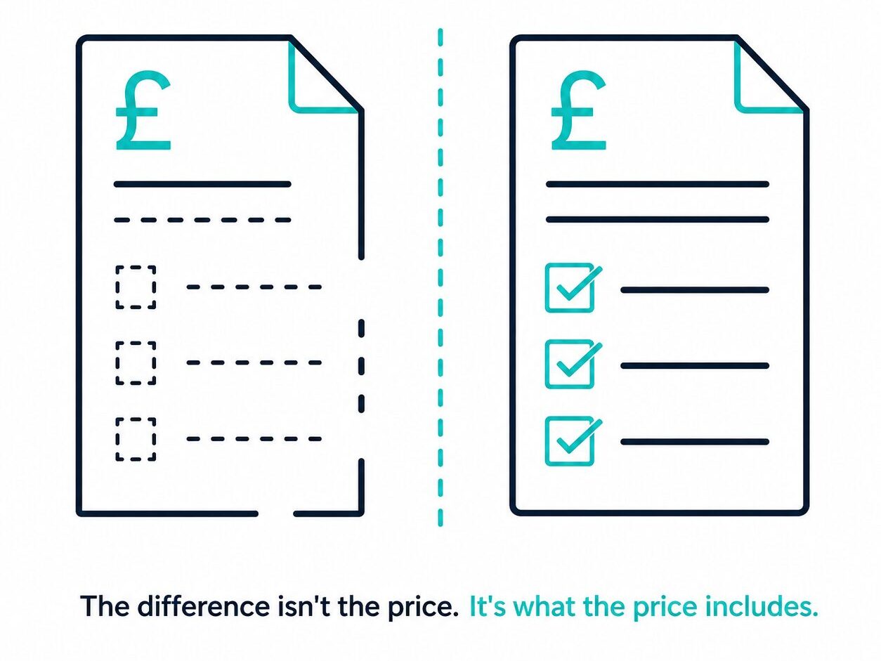 Two totem quotes compared, one with items missing and one fully specified, showing what a cheap quote leaves out